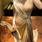 girlhomeshops-Hochgeschlitztes, vergoldetes One-Shoulder-Kleid, glänzende Perlen entfesseln sexy Charme gh5897