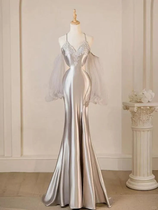Silver Beautiful Elegant Spaghetti Strap Mermaid Fishtail Long Satin Ball Gown Evening Dress Birthday Party Dress gh4278