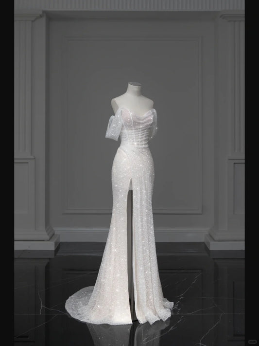 ✨Girlhomeshops - Weißes, funkelndes, elegantes Meerjungfrauen-Kleid aus langem, schlankmachendem Tüll, Ballkleid, Abendkleid, Partykleid, gh4991