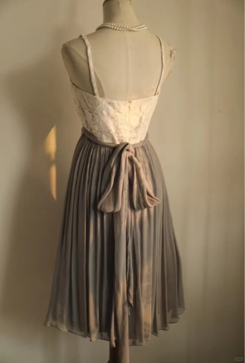 Graues Vintage-Heimkehrkleid aus Spitze, kurzes Chiffon-Ballkleid, gh4497