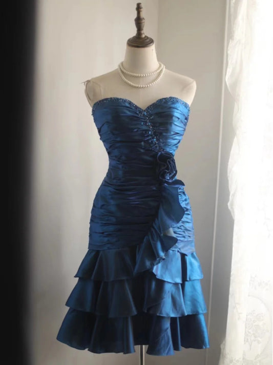Robe de bal courte en satin bleu à fleurs et perles, robe de soirée, robe de remise de diplôme, gh4495