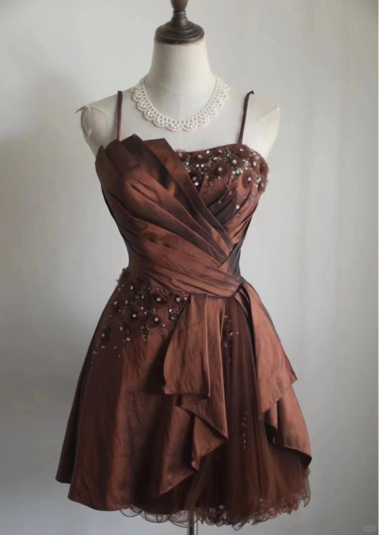 Braunes Retro-Palast-Puff-Kurzes Heimkehrkleid Prinzessinnenkleid Taft-Satin Handarbeit Perlenstickerei Erwachsene Zeremonie Geburtstagsparty gh4374