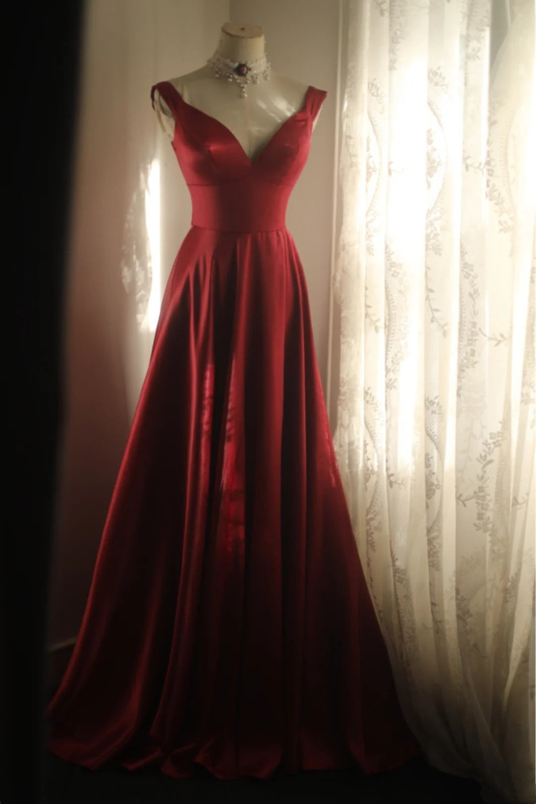 girlhomeshops-Sleeveless Wine - Red Satin A - line Floor - length Evening Dress gh5832