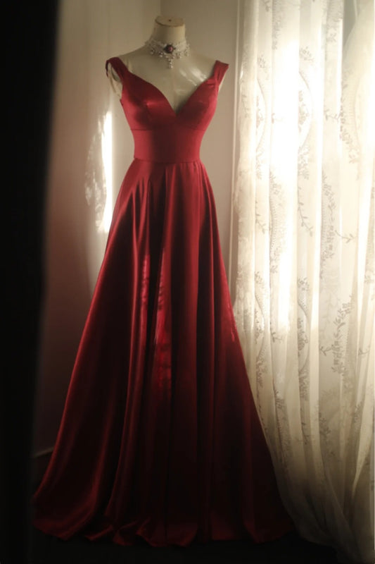 girlhomeshops-Sleeveless Wine - Red Satin A - line Floor - length Evening Dress gh5832