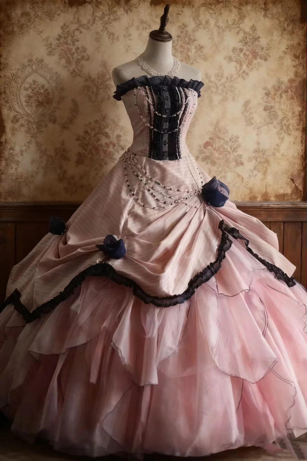 girlhomeshops - Ärmelloses Puffkleid in Rosa und Blau mit kontrastierender Spitze, bodenlanges Abendkleid aus Satin im Retro-Stil, gh5830