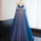 Blue gorgeous shiny beaded long floor-length tulle ball gown evening gown graduation gown gh4553