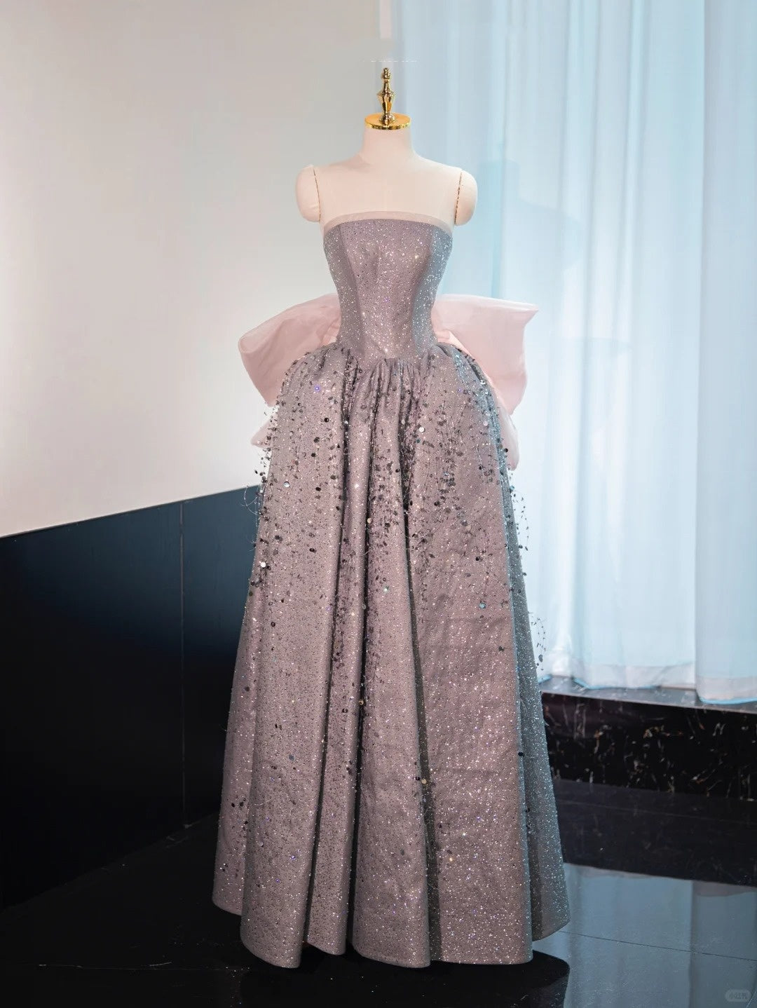 Robe de soirée longue à paillettes argentée et brillante, avec nœud rose, robe de bal, robe de remise de diplôme, gh4552