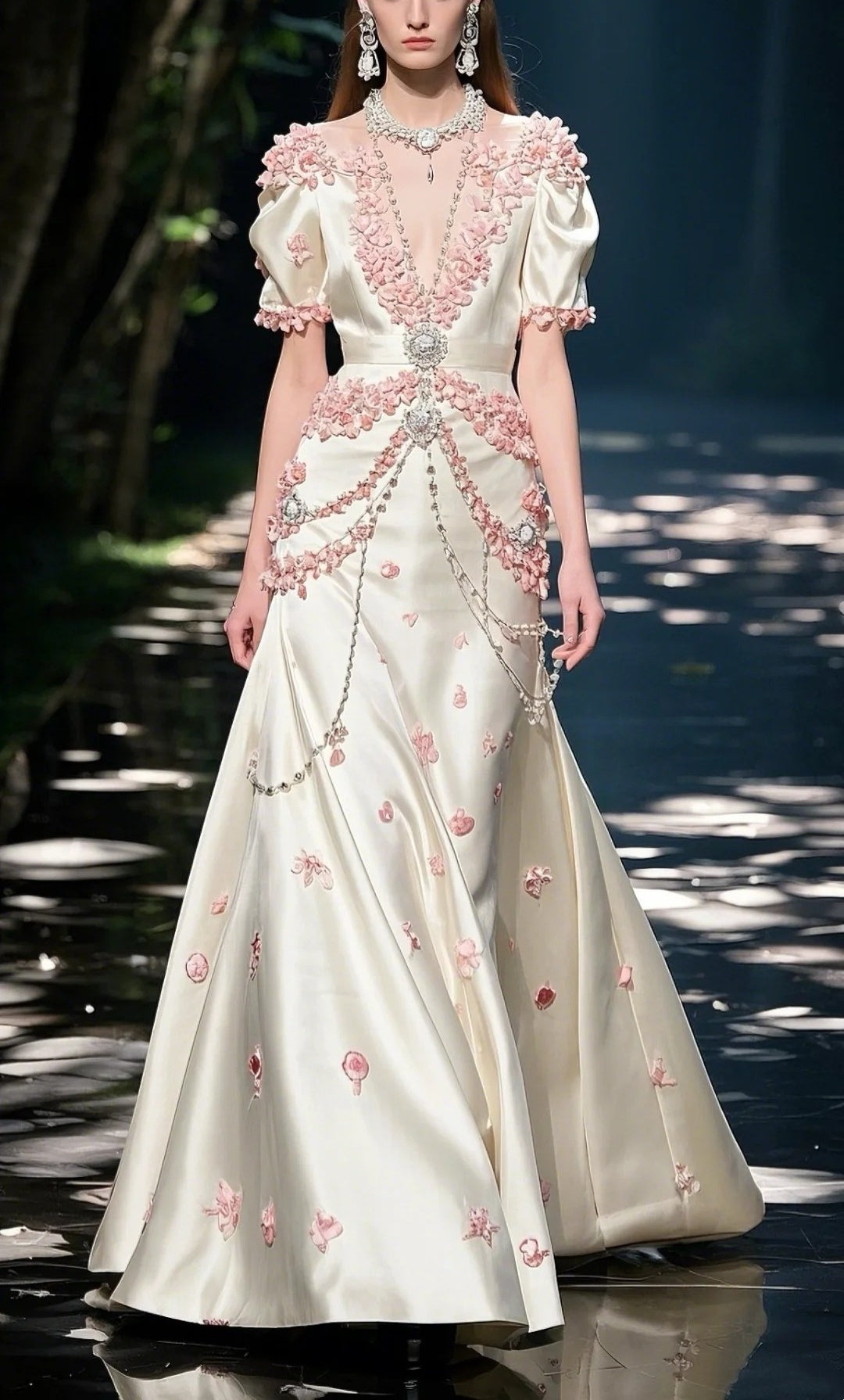 Elfenbeinweiß Rosa Blumen Langes V-Ausschnitt Mode Elegantes Ballkleid Abendkleid Partykleid gh4779