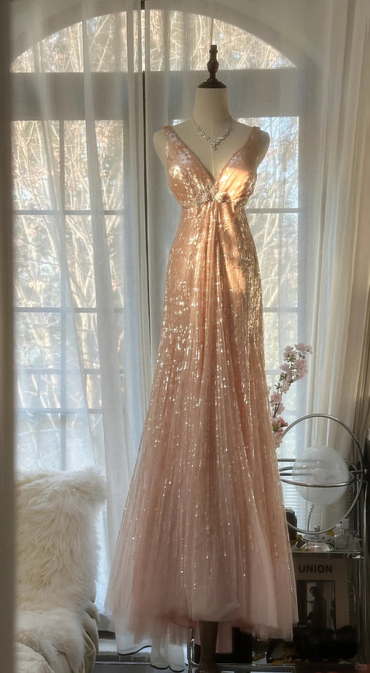 Rosa Wunderschönes, glänzendes, exquisites, perlenbesetztes Spaghettiträger-V-Ausschnitt-Lang-Pailletten-Chiffon-Ballkleid-Abendkleid-Partykleid gh4094