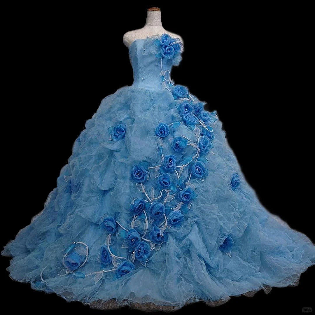 Girlhomeshops - Blaues, florales, modisches, wunderschönes, elegantes, langes Tüll-Ballkleid gh5322