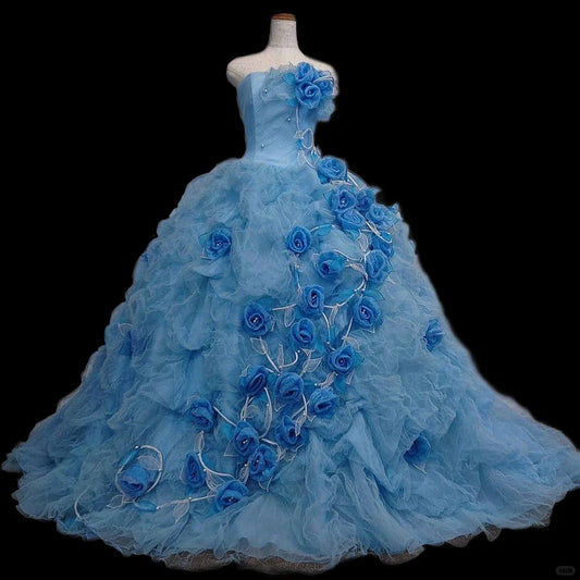 Girlhomeshops - Blaues, florales, modisches, wunderschönes, elegantes, langes Tüll-Ballkleid gh5322
