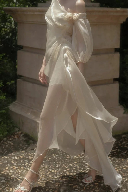 girlhomeshops-🕊One Shoulder Flower Long Fairy Dress White Moonlight Female Lead's Favorite Fairy Dress gh5907