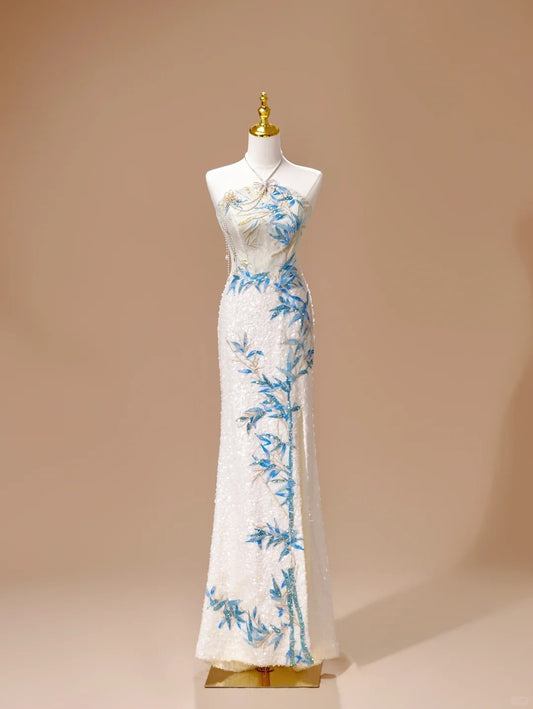 White Luxury Gorgeous Shiny Unique Fashion Elegant Exquisite Floral Bamboo Beads Sequins Suspender Long Ball Dress Evening Dress Bridal Wedding Reception Dress Prom Dress gh4026
