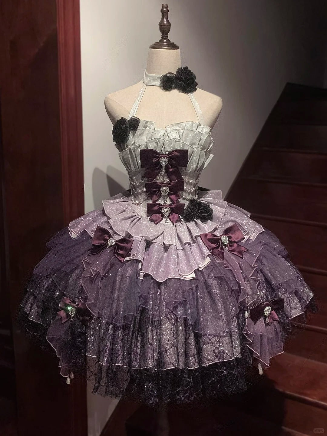 Lila Süßes Perlenbesetztes Spitzen-Tüll-Kurzes Lolita-Ballkleid Homecoming-Kleid gh4381