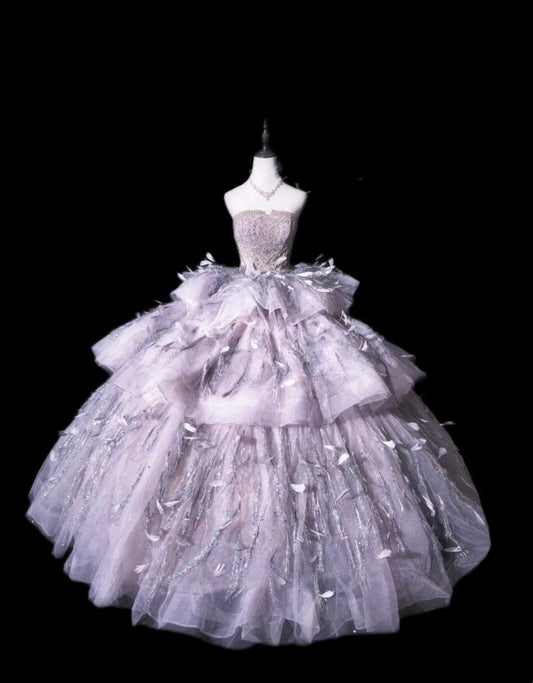 Robe de bal féérique en tulle lavande, style plumes, bustier, multicouches - Robe de conte de fées pour mariage et dîner gh6544