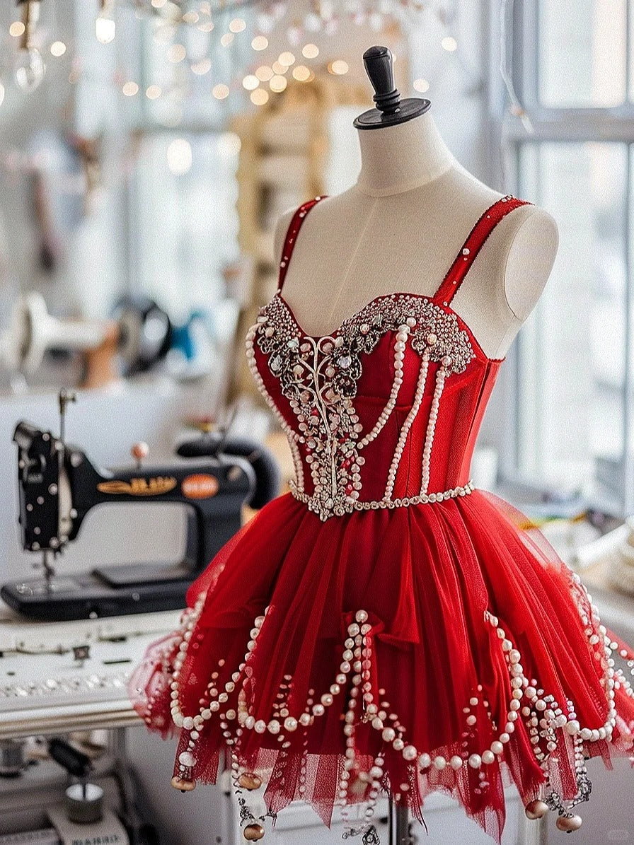 Girlhomeshops-Rotes wunderschönes, exquisites, perlenbesetztes Chiffon-Kurzes Heimkehrkleid, Geburtstagspartykleid, gh5422