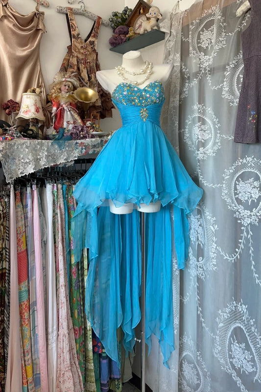 robe courte en mousseline bleue à encolure cœur girlhomeshops gh6127