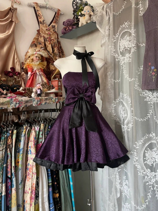 Robe de soirée courte en satin violet vintage, tenue de fête d'anniversaire gh4844