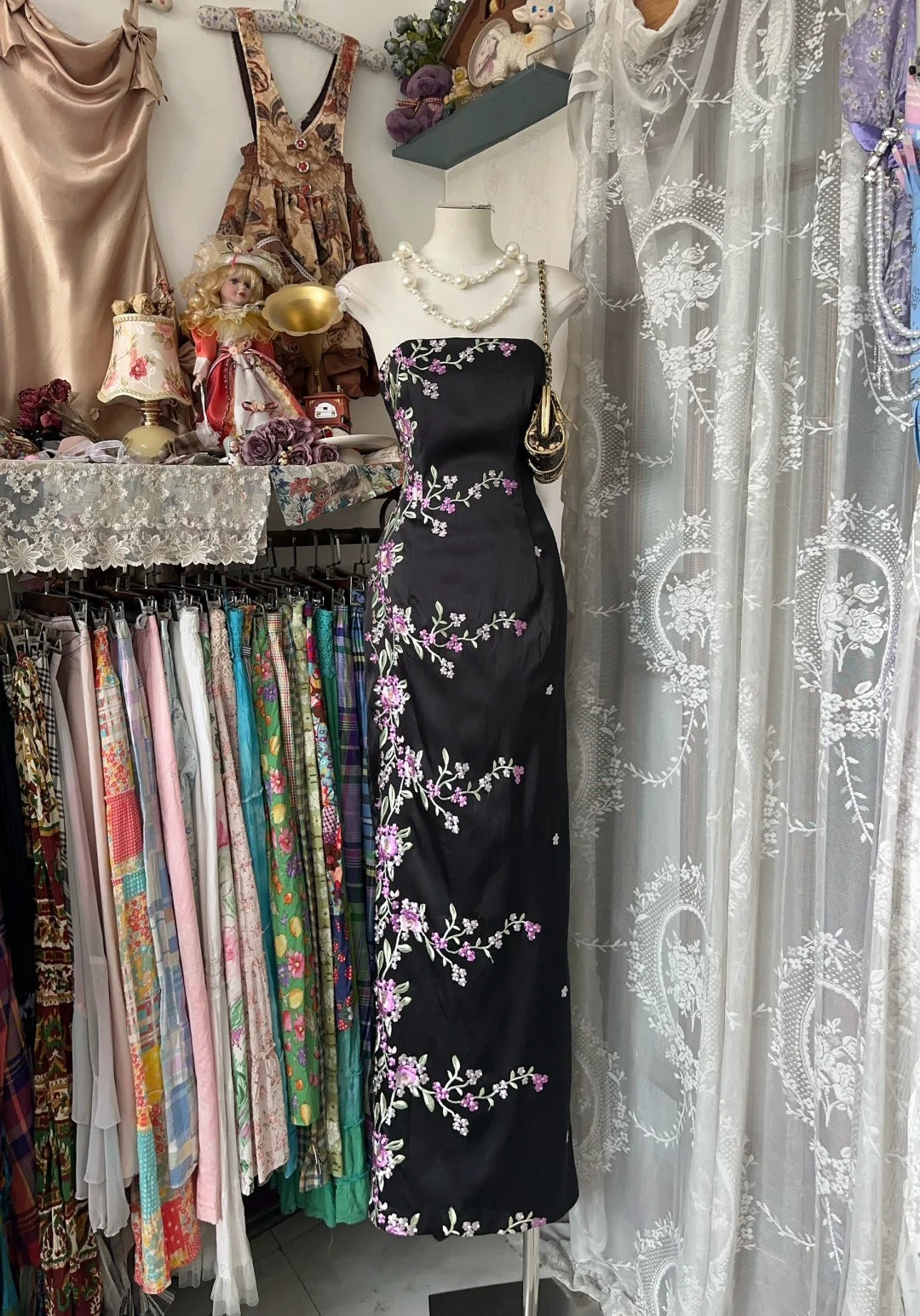 Girlhomeshops-Black floral long satin Prom dress evening dress birthday party dress gh5183