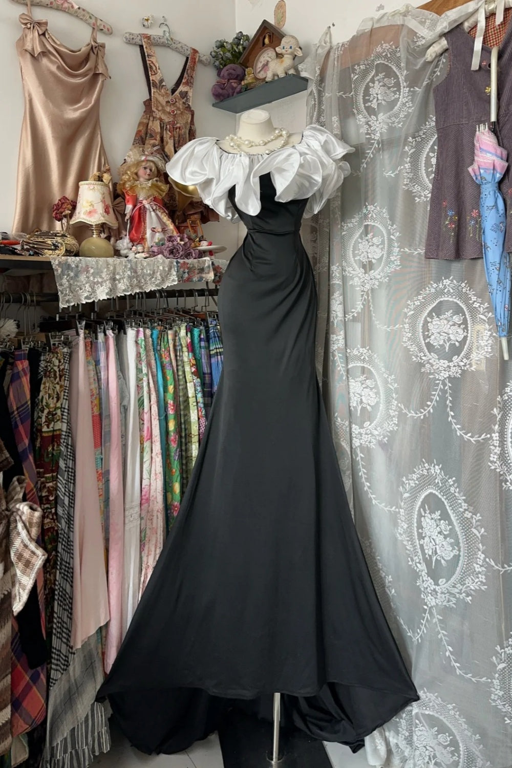 girlhomeshops - Robe de bal longue en satin noir et blanc jusqu'au sol gh6234