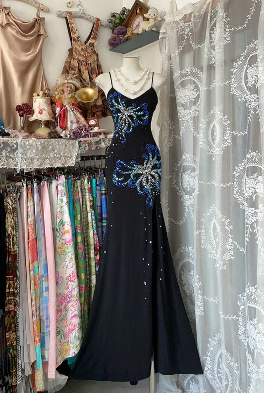 Girlhomeshops-Black gorgeous blue exquisite beading vintage long satin backless prom dress birthday party dress gh5432