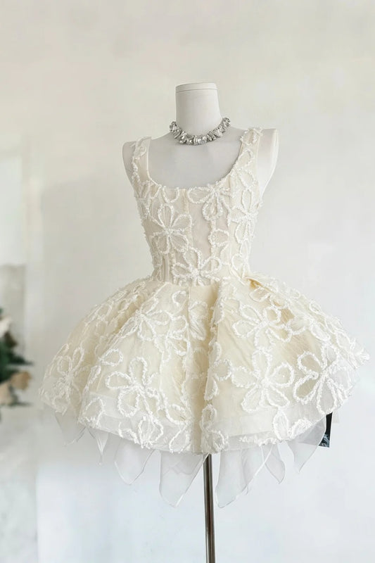 Soft White Flower Cluster Sleeveless Lace Mini Ball Gown gh6920