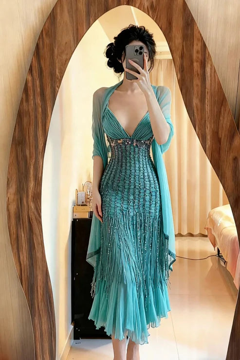 Green Luxury Gorgeous Retro Fashion Exquisite Tassel Beaded Mid-Length Chiffon Ball Gown Birthday Party Dress Evening Dress Prom Dress gh3973