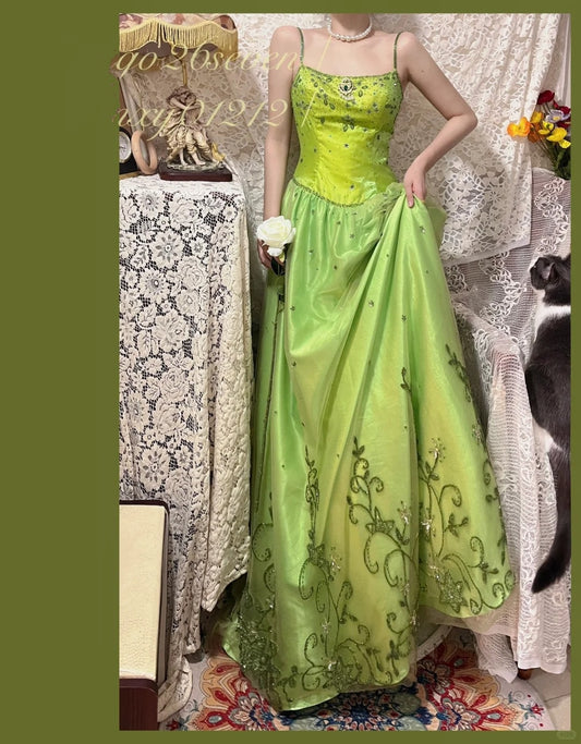 Robe de soirée longue en satin et tulle, style vintage, verte, exquise, perlée, motif floral, gh4433