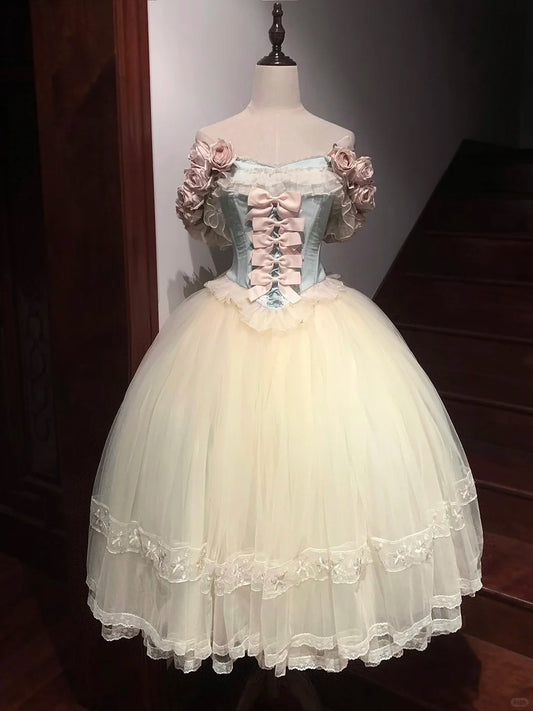 Rosa-weißes Calla-Blumenkleid mit süßer Spitze, kurzes Homecoming-Kleid, Tüll, Lolita-Ballkleid, gh4383