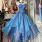 Vintage-Ballkleid im Court-Stil, blau-violett Ombré, schulterfrei, aus Spitze, schimmernder Organza, gh7091