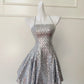 Silbernes glänzendes Nischen-Vintage-Kleid, kurzes Pailletten-Heimkehrkleid, Geburtstags-Cocktailpartykleid, gh4306