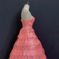 Pink Strapless Long Romantic Gown, Cinched Waist, Voluminous Tiered Cake Skirt, Wedding & Bridal Dress gh8313