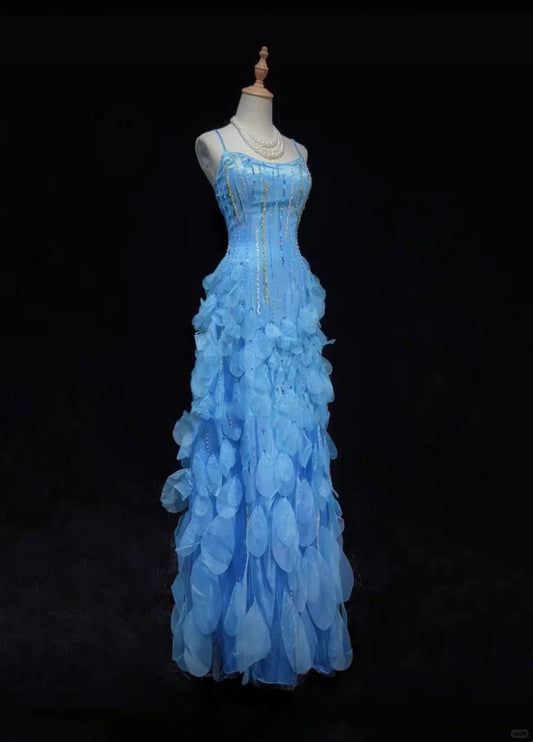 Blue gorgeous shiny elegant exquisite colorful beaded tulle long mermaid slim ball gown evening dress party dress prom dress legend of the blue sea gh3850