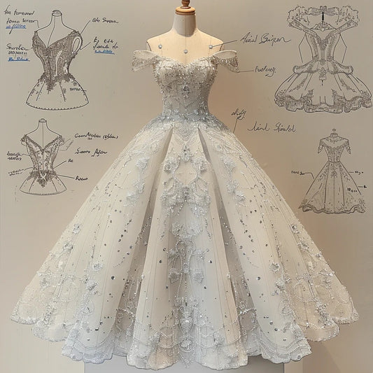 Weißes wunderschönes Perlenapplikationen exquisites langes Tüll-Ballkleid-Abendkleid-Brautkleid gh4724
