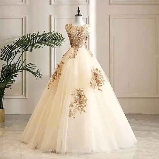 Girlhomeshops - Champagnerfarbenes, schimmerndes, goldfarbenes, wunderschönes Blumenperlendekor und formelles Ballkleid mit Schnürung, atemberaubendes Hochzeitskleid gh5311