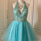 Blaues, kurzes Chiffon-Kleid mit Perlenbesatz, Ballkleid, Geburtstagspartykleid, gh4847