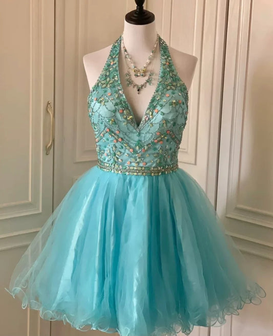 Robe de bal courte en mousseline de soie à perles bleues, robe de soirée d'anniversaire, gh4847
