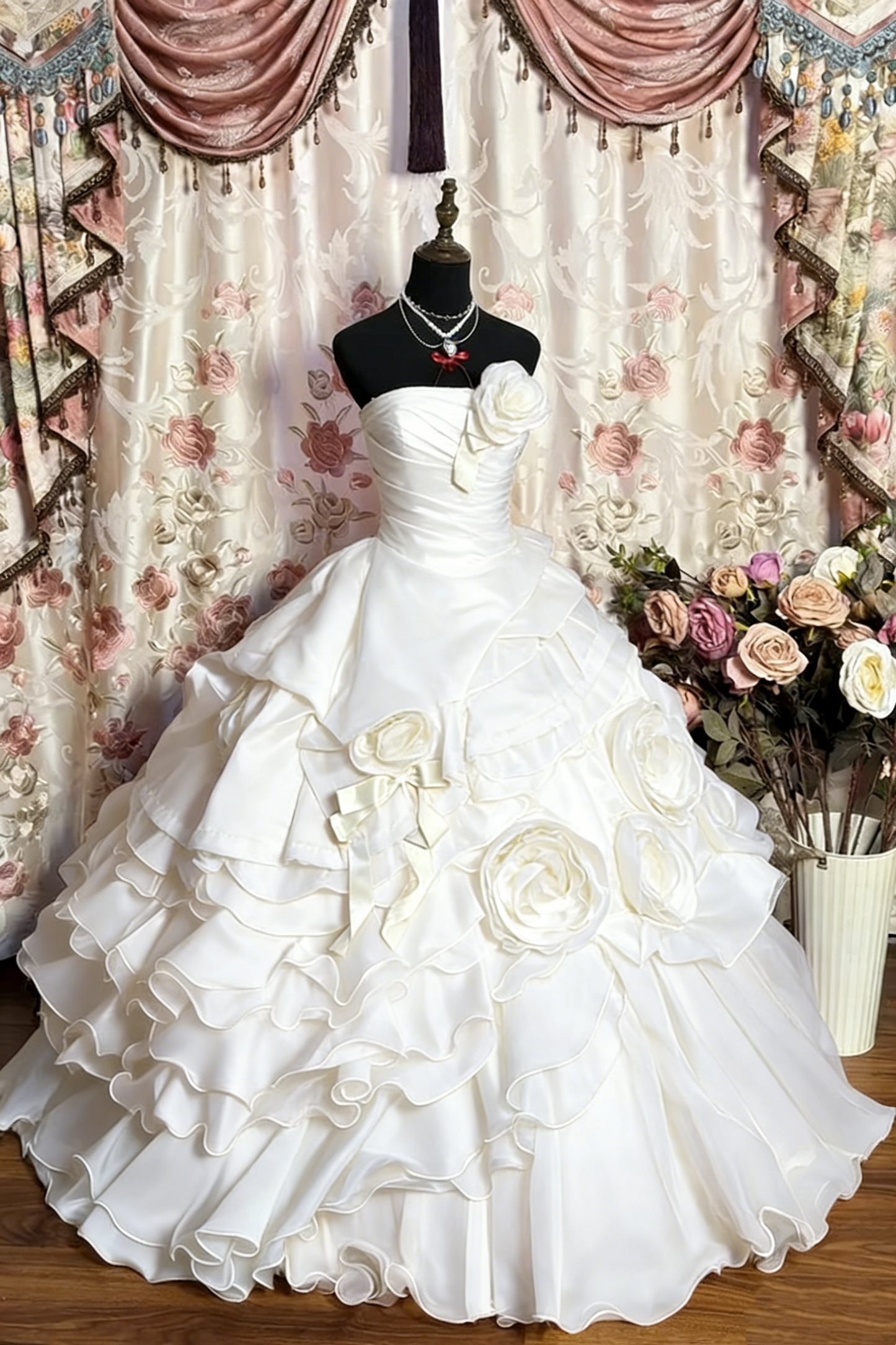 Red Vintage Floral Beaded Long Tulle Ball Gown gh4950