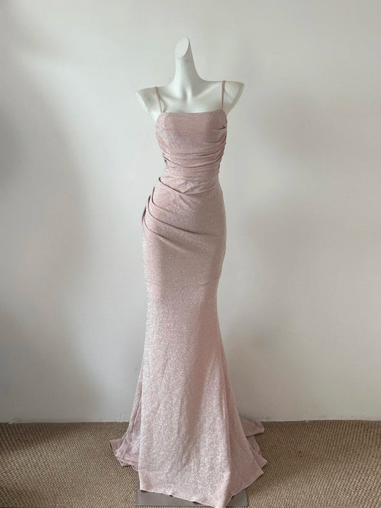 Robe de soirée longue en satin rose clair brillant, tenue de bal, gh4841