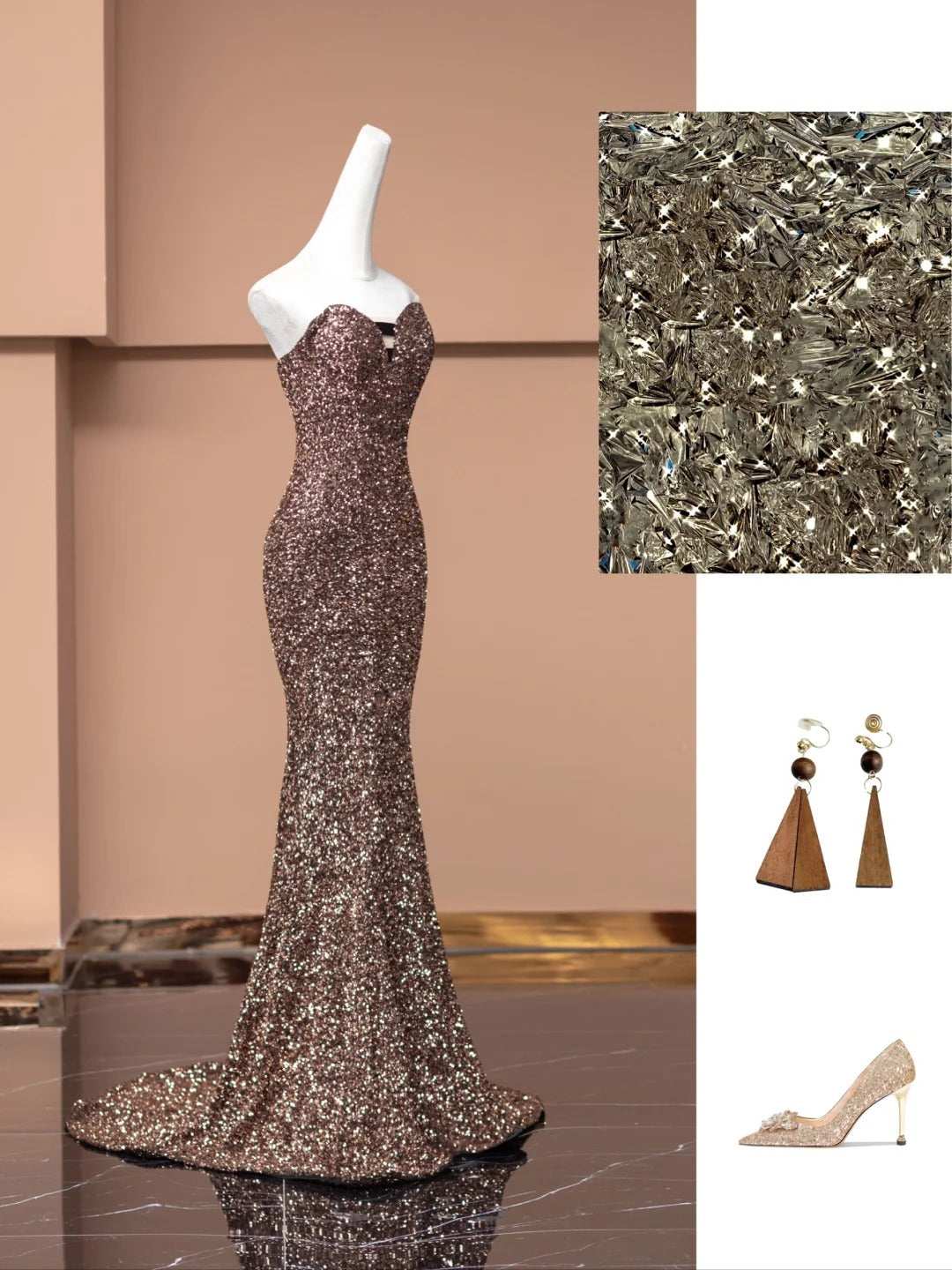 Braun Glänzende Elegante Mode Meerjungfrau Schlank Lange Pailletten Ballkleid Abendkleid Partykleid gh4875
