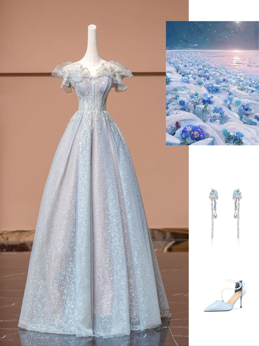 Blau funkelnde Mode elegante Tüll Satin lange Ballkleid Abendkleid Partykleid gh4868
