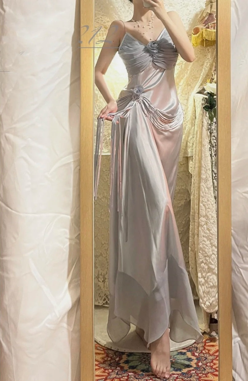 Robe de bal longue en satin à fleurs gris bleu, robe de soirée, robe de remise de diplôme gh4508
