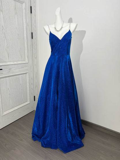 Sapphire Blue Spaghetti Strap Waist-Cinched Full Skirt Prom Gown, Evening Party Formal Dress gh7233