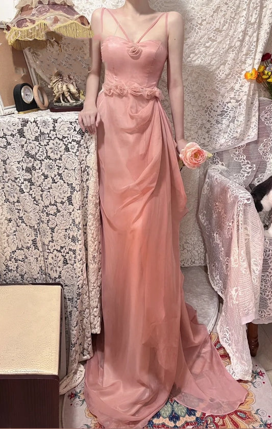 Rosa geblümtes langes Chiffon-Ballkleid, Partykleid, Abschlusskleid gh4505