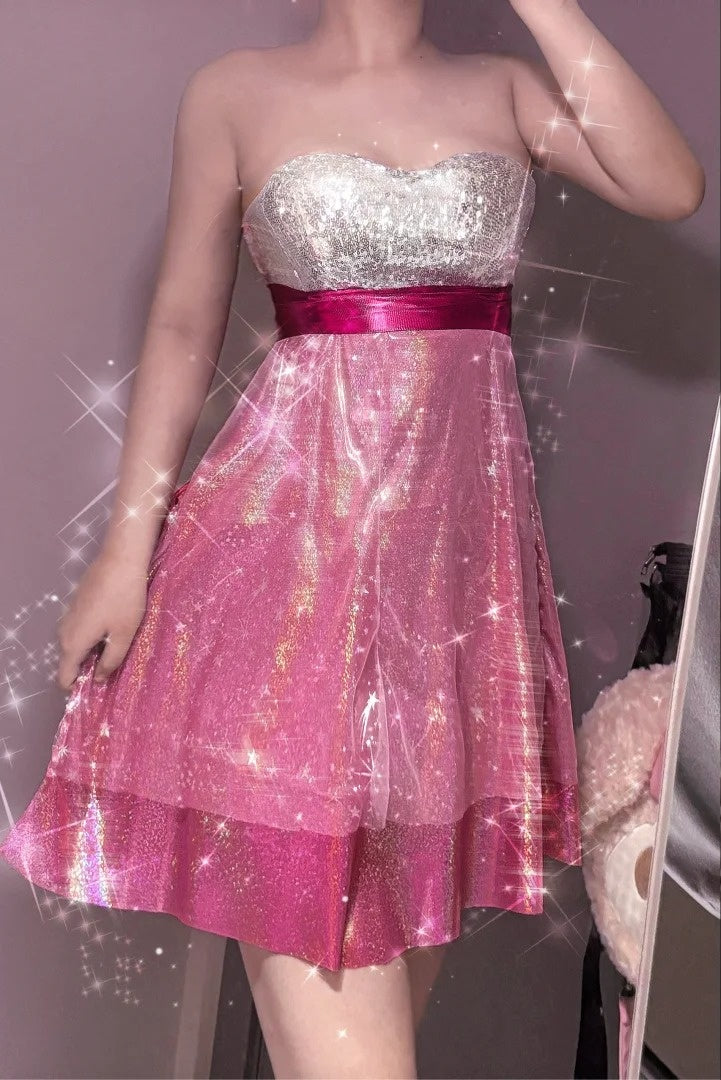 Festival Glow Silver-Pink Sequin Dress - Iridescent Laser Strapless Cool Sweet Party Mini Dress gh6979