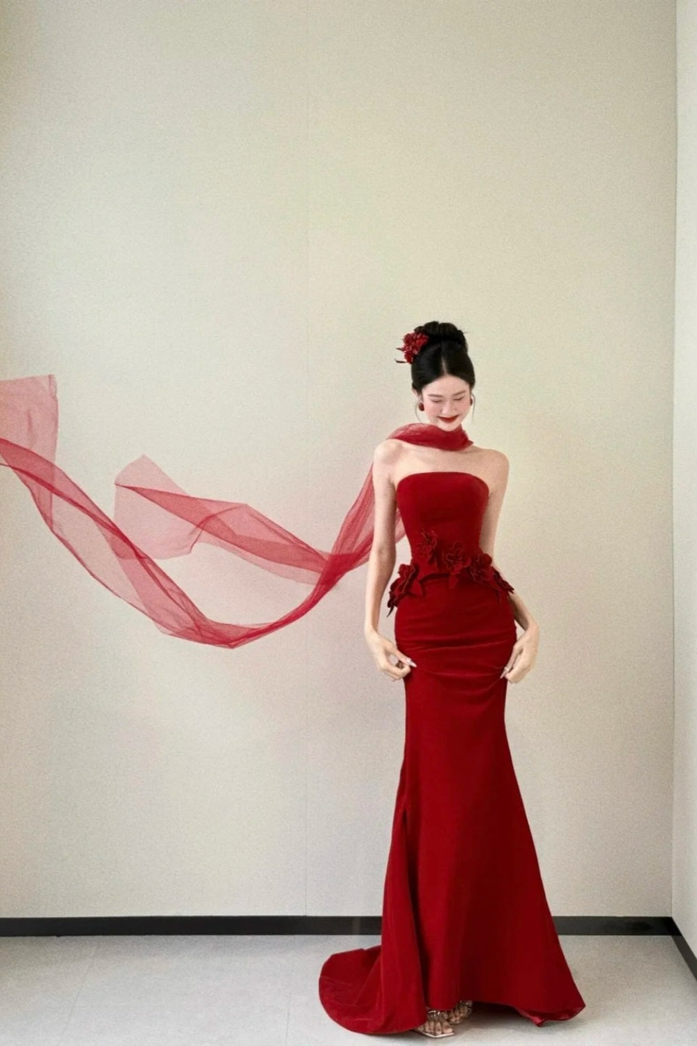 girlhomeshops-Red Floral Bodycon Satin Floor-Length Ball Gown Prom Dressgh5960