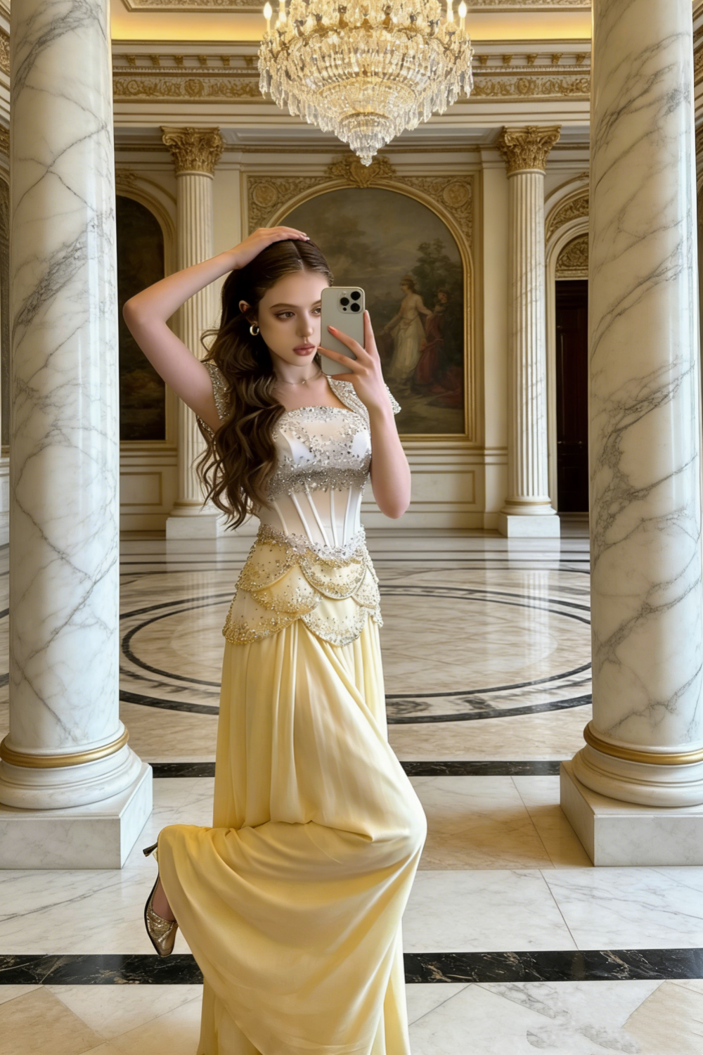 Robe de soirée style opéra, ornée de cristaux blancs et jaunes - Robe longue en satin à corset, volants et perles, style opéra gh6983
