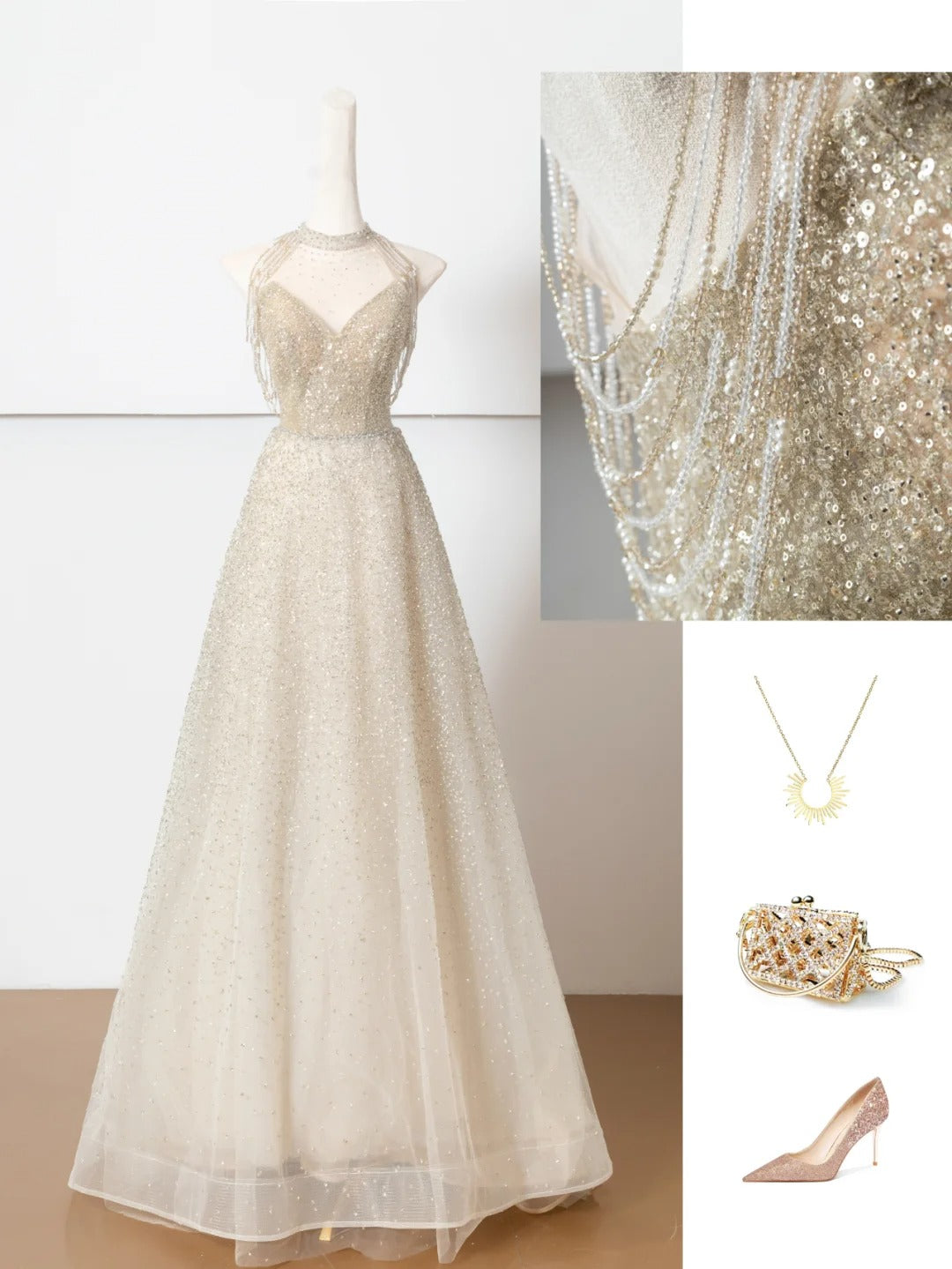 Champagner-Gold glänzendes elegantes Tüll langes Ballkleid Abendkleid Partykleid gh4870