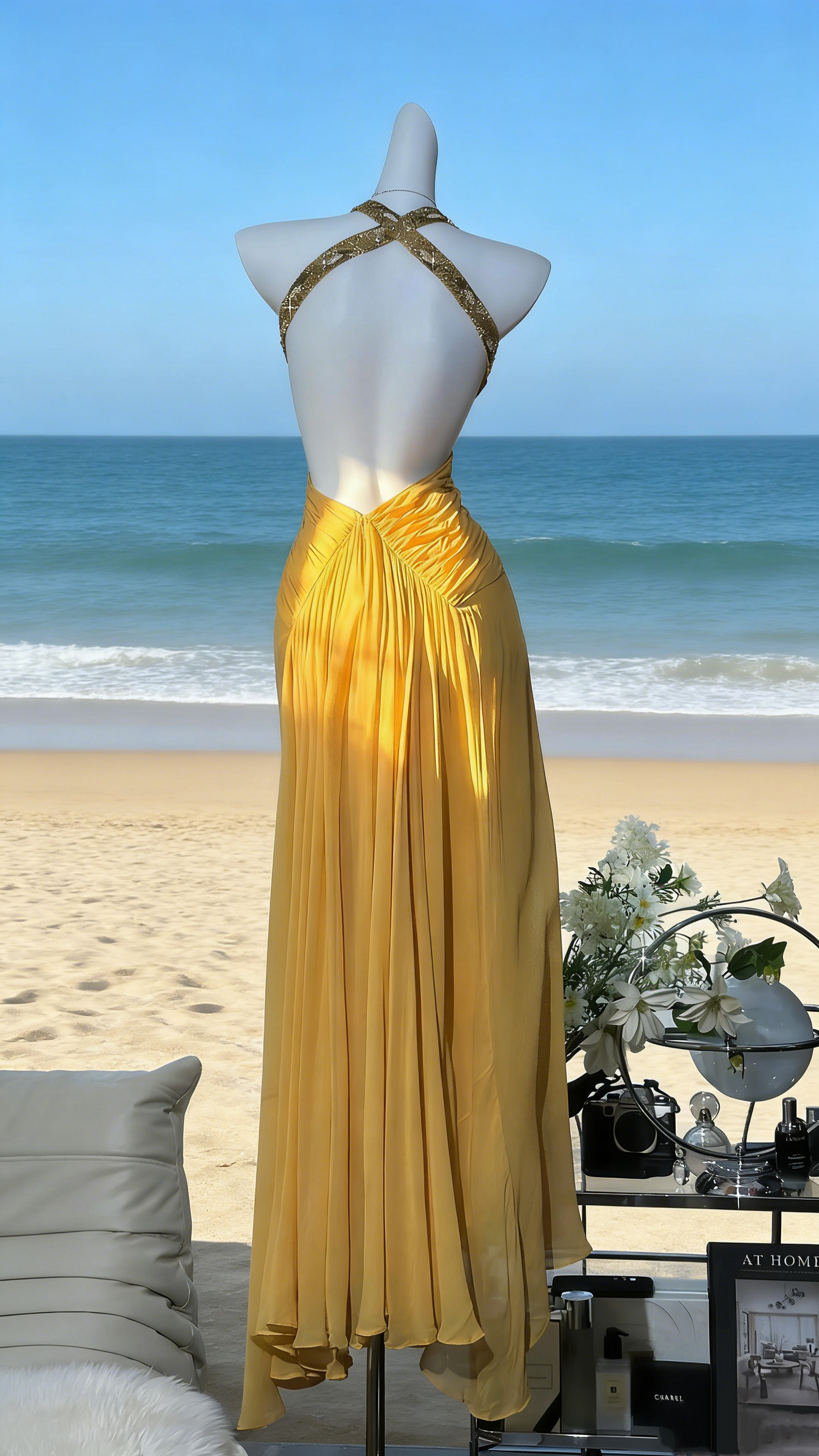 Leuchtend gelbes Satin-Neckholderkleid – Paillettenbesetztes, rückenfreies, figurbetontes Maxikleid für Abendveranstaltungen, den roten Teppich oder Sommerpartys gh6984