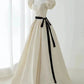 White Elegant Fashion Elegant Textured Long Satin short sleeves Floor-Length Prom Dress Evening Dress Princess Graduation Dress Adult Ceremony Dress gh3845